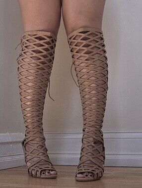 Speed Limit 98 Tan Lattice Knee-High Gladiator Heels